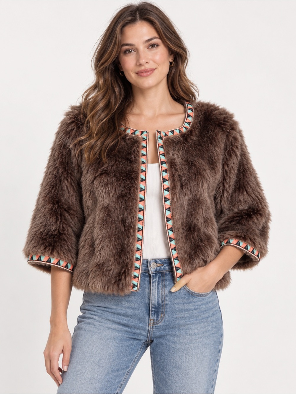 Faux Fur Brown Cropped Sweater Jacket small